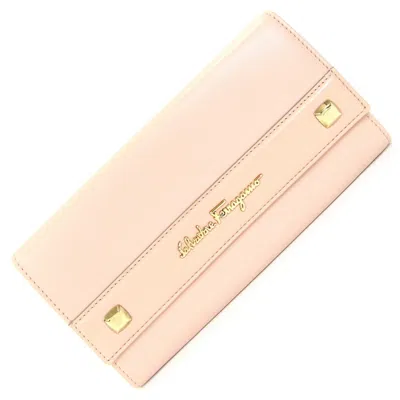 Pre-owned Ferragamo Salvatore  Pink Beige Leather Long Wallet (bi-fold) ()