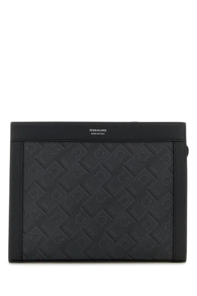 Ferragamo Rectangular Canvas Clutch Chain Detail In Black