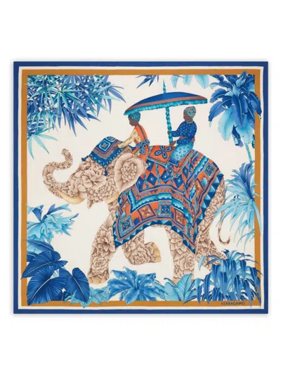 Ferragamo Silk Foulard Elephant Motif Floral Geometry In Blue