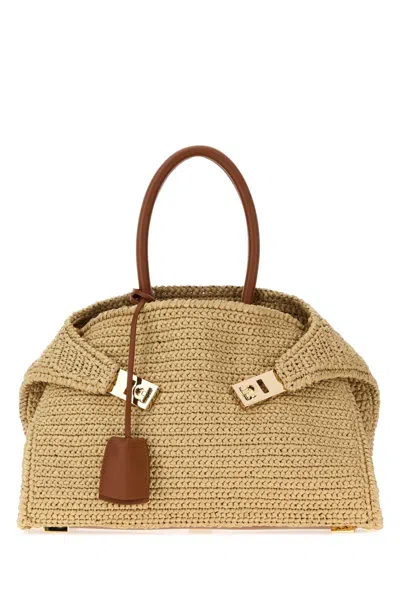 Ferragamo Salvatore  Raffia Small Hug Handbag In Brown