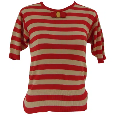 Pre-owned Ferragamo Salvatore  Red Cream Stripes Short Sleeves Cotton Shirt In White