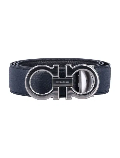 Ferragamo Salvatore  Reversible And Adjustable Gancini Belt In Graphite Black