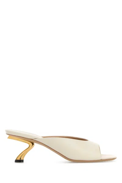 Ferragamo Igea Leather Mules Peep Toe Sculptural Heel In White