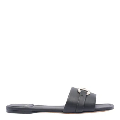 Ferragamo Flat Slide With Gancini Ornament In Black