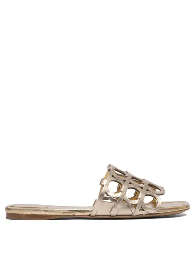 Ferragamo Gold Leather Sandals With Cut-out Design In Pink