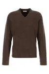 Ferragamo Earthy Ribbed V-neck Wool Sweater In Brown