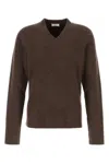 Ferragamo Earthy Ribbed V-neck Wool Sweater In Brown