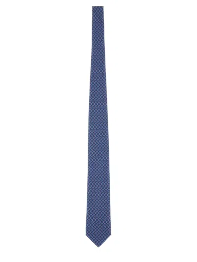 Ferragamo Silk Tie With Patterned Design And Pointed Tip In Blue