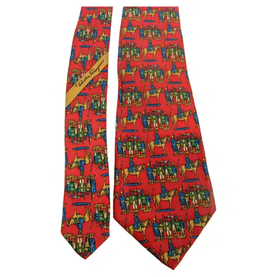 Pre-owned Ferragamo Salvatore  Silk Tie Red Gold Blue Horses And Soldiers Made In Italy