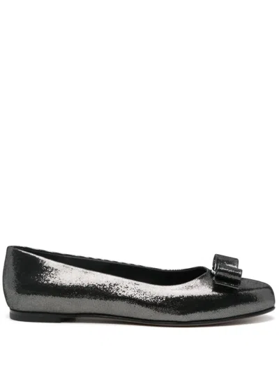Ferragamo Salvatore  Silver Flat Ballerinas With Bow Detail In Black