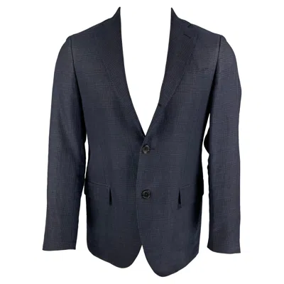 Pre-owned Ferragamo Salvatore  Size 38 Navy Plaid Linen Blend Notch Lapel Sport Coat In Blue