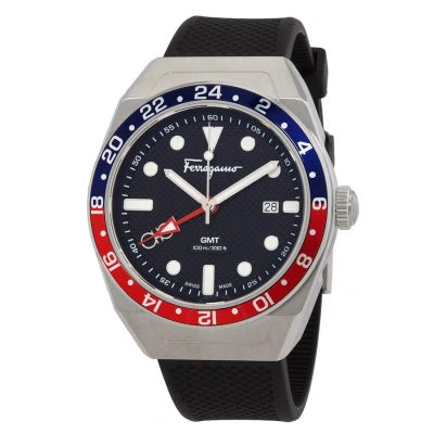 Ferragamo Slx Gmt Dual Color Bezel Stainless Steel Watch, 43mm In Red   / Black / Blue