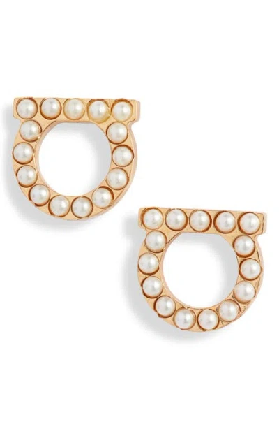 Ferragamo Salvatore  Small Gancio Imitation Pearl Stud Earrings In Gold/pearl