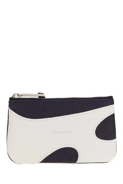 Ferragamo Navy Blue Leather Card Holder In Optic White Midnight