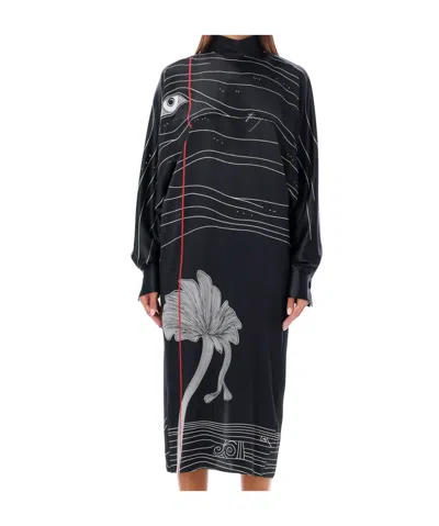 FERRAGAMO SALVATORE FERRAGAMO SPIRIT PRINTED HIGH-NECK MIDI DRESS