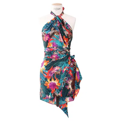 Pre-owned Ferragamo Salvatore  S/s 12 Teal Floral Silk Halter Backless Mini Campaign Dress In Green