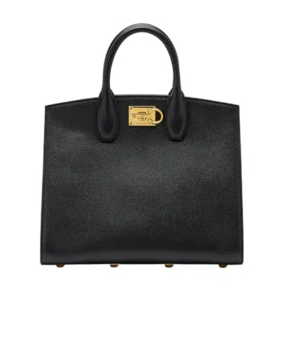 Ferragamo Studio Box Black Bag With Gancini Buckle And Shoulder Strap In Grained Leather Woman