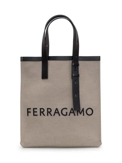 Ferragamo Tote With Logo In Naturale Nero
