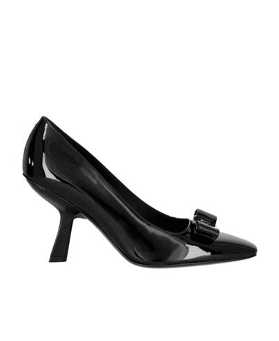 Ferragamo Woman Kitten Heel Pump With Asymmetric Bow In Black