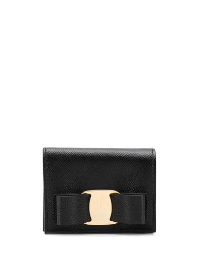 Ferragamo Salvatore  Vara Bow Hammered Leather Wallet Accessories In Black