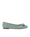 Ferragamo Varina Bow Ballet In Light Blue Patent Leather In Green