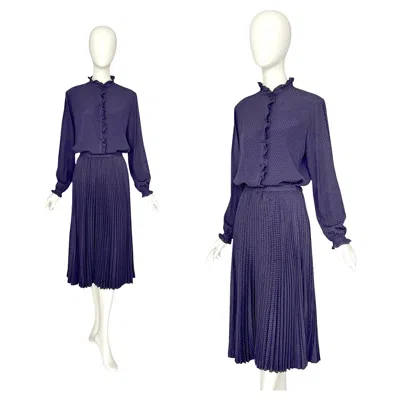 Pre-owned Ferragamo Salvatore  Vintage 1970s Blue Silk Set Pleated Skirt & Ruffled Blouse