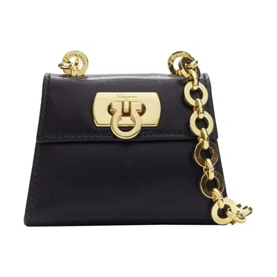 Pre-owned Ferragamo Salvatore  Vintage Gancini Black Gold Chain Mini Waist Belt Bag