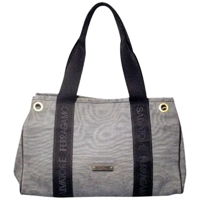 Pre-owned Ferragamo Salvatore  Vintage Nautical Striped Navy Canvas Tote In Blue