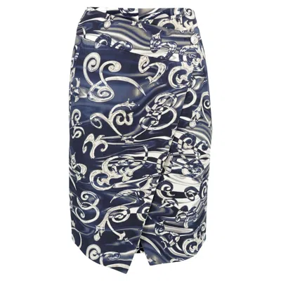Pre-owned Ferragamo Salvatore  Vintage Silk Twill Wrap Skirt, Navy Print It 38 In Blue