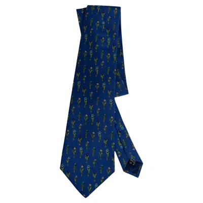 Pre-owned Ferragamo Salvatore  Vintage Tie - Blue Silk With Multicolor Floral Print
