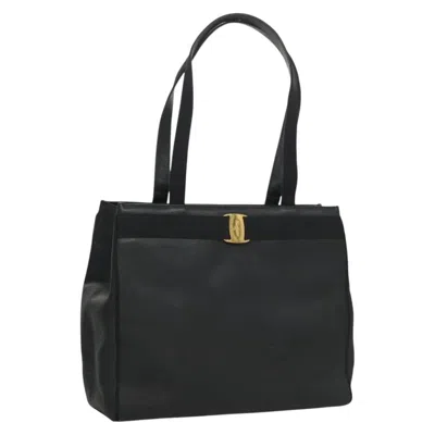 Pre-owned Ferragamo Salvatore  Vintage Vara Bow Tote Lizard Embossed Leather Navy Leather Tote Bag Bag (pre-own