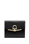 Ferragamo Women's Hammered Leather Gold Gancini Compact Wallet In Black