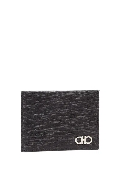 Ferragamo Black Gancini Card Holder In Nero Fjord Blue
