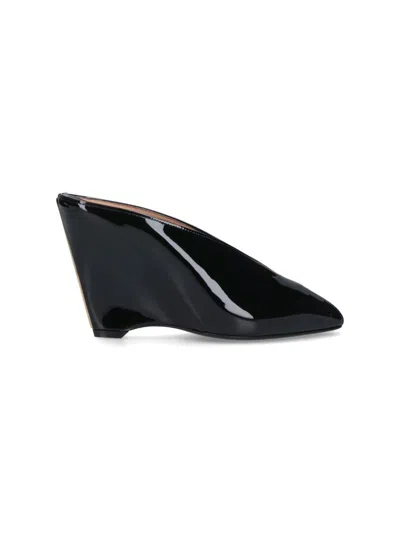 Ferragamo Leather Mules With Wedge Heel And Glossy Finish In Black