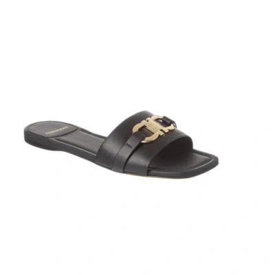 Pre-owned Ferragamo Salvatore  Women Leather Flat Slides Leah Slip On Gold Hardware Black