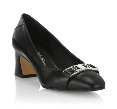 Pre-owned Ferragamo Salvatore  Women's Rei 55 Black Leather Vara Buckle Pumps Size 10 9 8