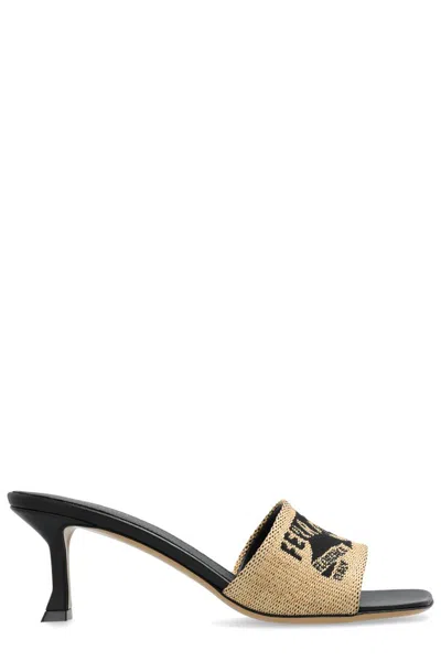 Ferragamo Zenobia 55 Jacquard Logo Raffia Mules In Beige