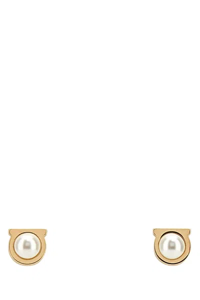 Ferragamo Pearl Stud Earrings With G Detail In Gold
