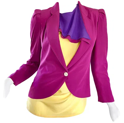 Pre-owned Ferragamo Salvatore Ferragomo Vintage Fuchsia + Yellow Colorblock Blouse + Blazer Jacket