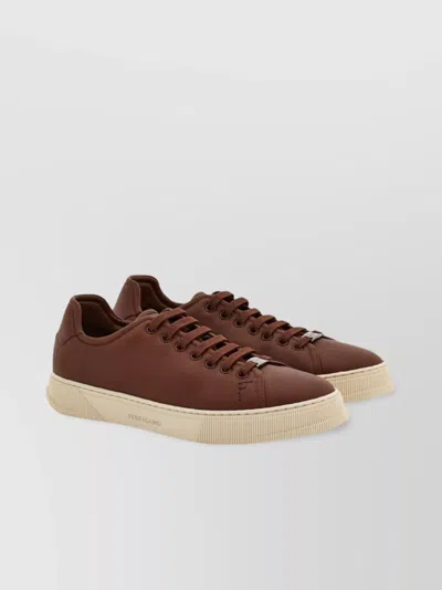 Ferragamo Salvatore Leather Sneakers Low-top Silhouette In Brown