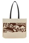 Ferragamo Canvas Shopping Bag Leather Handles In Brown