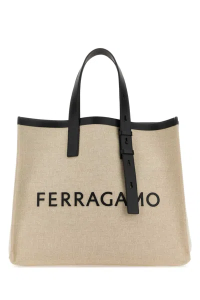 Ferragamo Sand Canvas Shopping Bag In Naturalenero