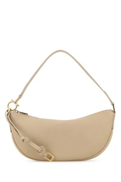 Ferragamo Sand Leather Shoulder Bag In Stone Naturale-bianco