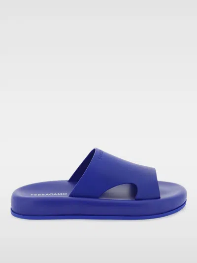 Ferragamo Dolce Leather Flatform Slides In Blue