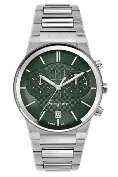 Pre-owned Ferragamo Sapphire Chronograph Men's Sfme00421 Watch Steel Strap Green Dial 42mm