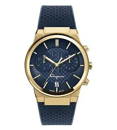Pre-owned Ferragamo Sapphire Chronograph Sfme00221 Men's Watch Gold Blue Rubber Strap 42mm