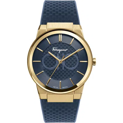 Ferragamo Sapphire Rubber Strap Watch, 41mm In Blue/gold
