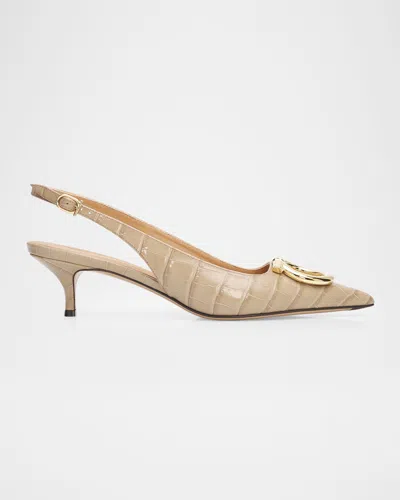 Ferragamo Sara 40mm Croc-print Leather Slingback Pumps In Neutral