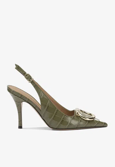 Ferragamo Sara 65 Slingback Pumps In Croc-embossed Leather In Green