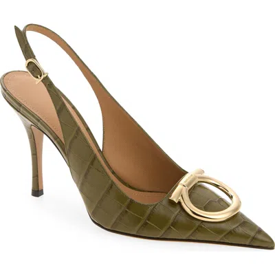 Ferragamo Sara Croc Embossed Pointed Toe Slingback Pump In Green